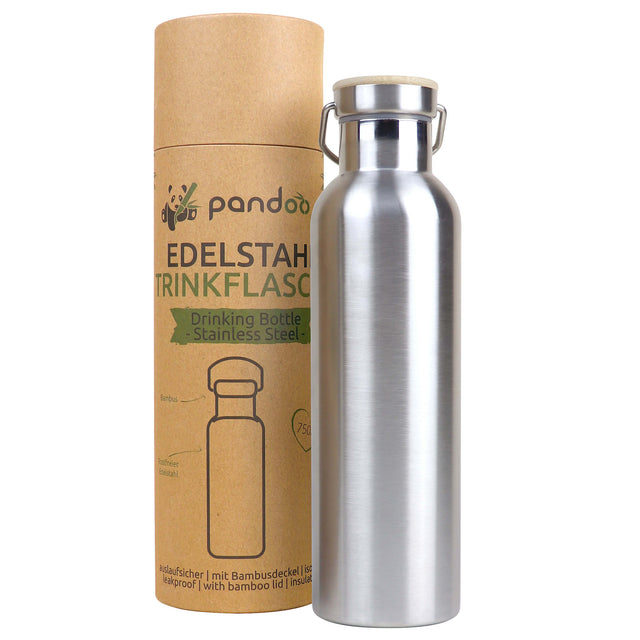 Edelstahl Trinkflasche mit Bambusdeckel, isoliert, 750 ml - YOGISHOP