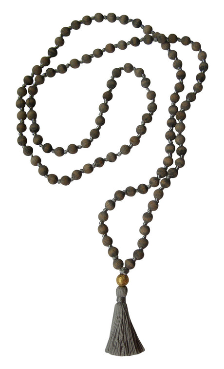 Mala-Kette "Vintage" - Holz Grau, Quaste Silbergrau, Perle Gold - AYURDEVA