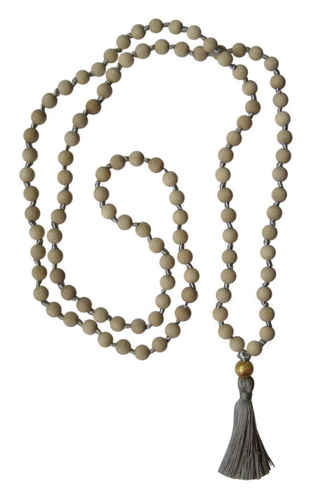 Mala-Kette "Vintage" - Holz Hellbraun, Quaste Silbergrau, Perle Gold - YOGISHOP