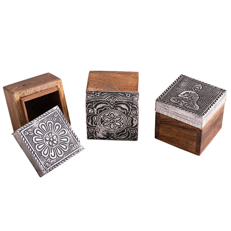 Holzboxen silber aus Mangoholz, 3er Set - YOGISHOP